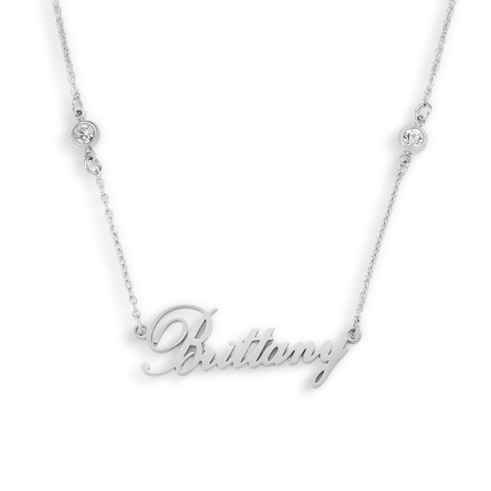 Custom/Personalized Nameplate with Gemstone Accents Necklace - AQeCom