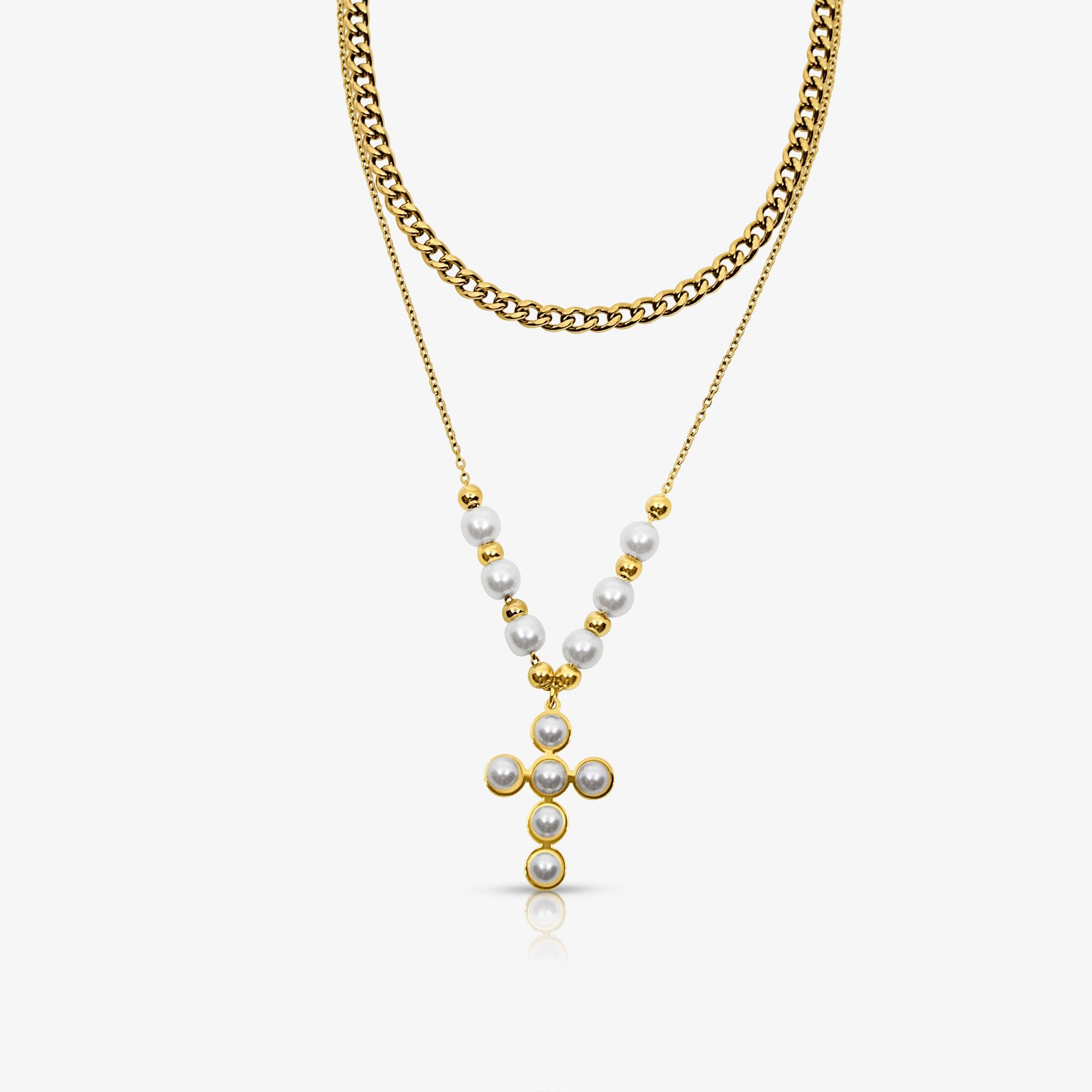 Pearly Blessing  Cross Double Layered Necklace